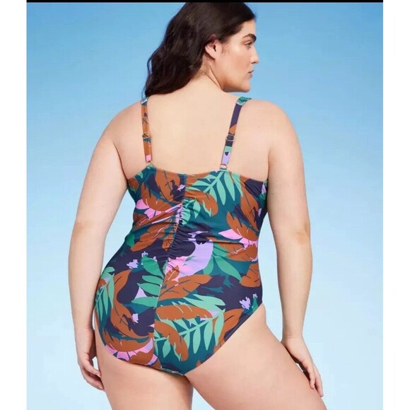 Women's Shade & Shore Shirred Plunge Swimsuit Multi Floral Print 20 NWT - Picture 2 of 3
